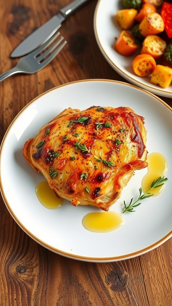 Oven-baked chicken breast garnished with herbs, served with roasted vegetables on a rustic table.